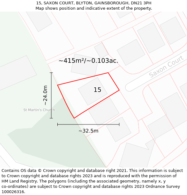 15, SAXON COURT, BLYTON, GAINSBOROUGH, DN21 3PH: Plot and title map