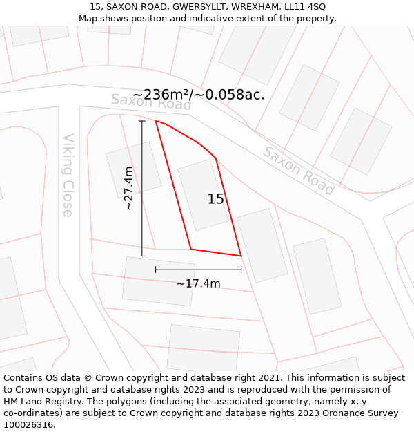 15, SAXON ROAD, GWERSYLLT, WREXHAM, LL11 4SQ: Plot and title map