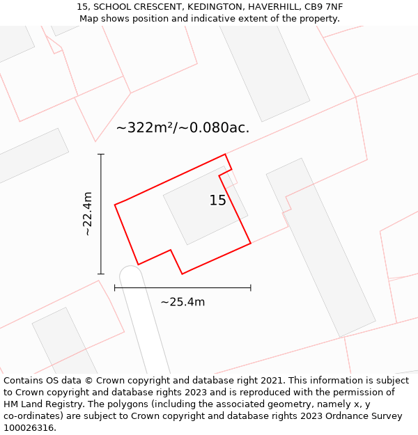 15, SCHOOL CRESCENT, KEDINGTON, HAVERHILL, CB9 7NF: Plot and title map