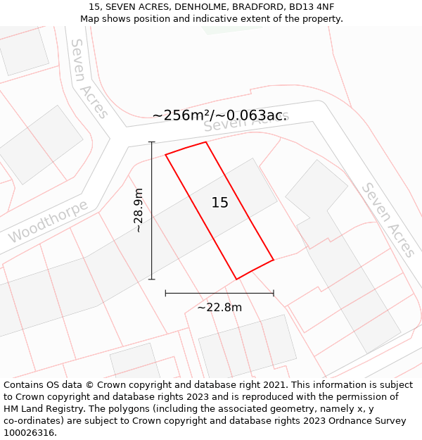 15, SEVEN ACRES, DENHOLME, BRADFORD, BD13 4NF: Plot and title map