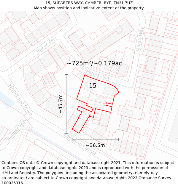 15, SHEARERS WAY, CAMBER, RYE, TN31 7UZ: Plot and title map