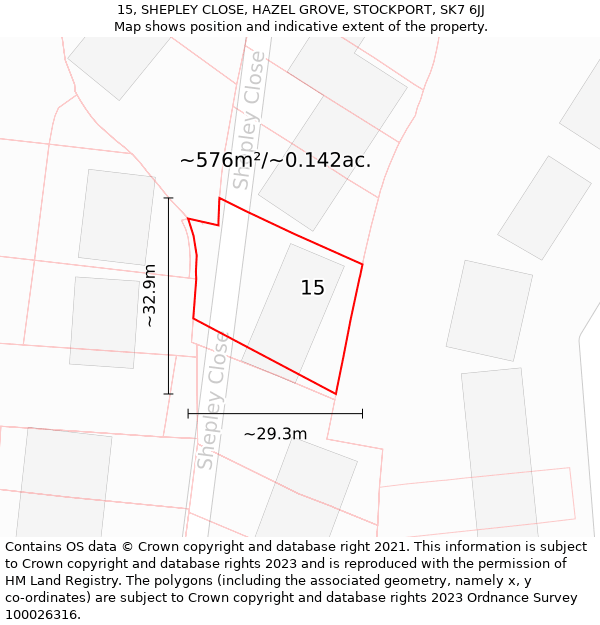 15, SHEPLEY CLOSE, HAZEL GROVE, STOCKPORT, SK7 6JJ: Plot and title map