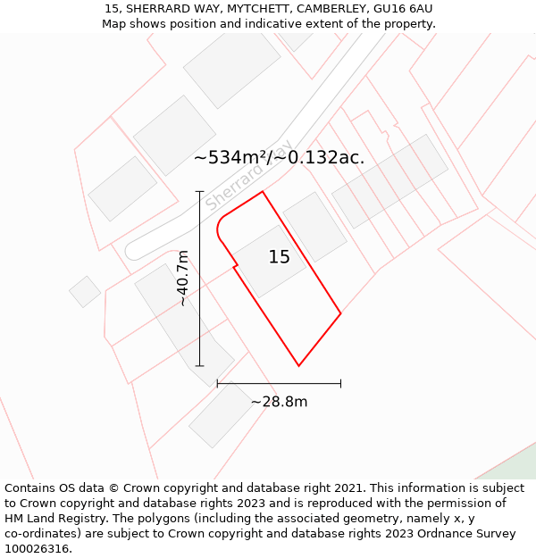 15, SHERRARD WAY, MYTCHETT, CAMBERLEY, GU16 6AU: Plot and title map