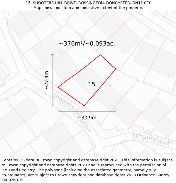 15, SHOOTERS HILL DRIVE, ROSSINGTON, DONCASTER, DN11 0FY: Plot and title map