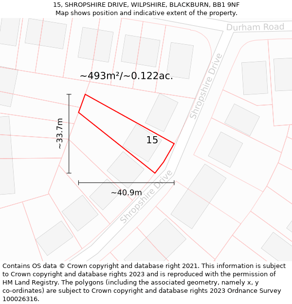 15, SHROPSHIRE DRIVE, WILPSHIRE, BLACKBURN, BB1 9NF: Plot and title map