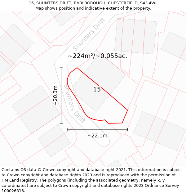 15, SHUNTERS DRIFT, BARLBOROUGH, CHESTERFIELD, S43 4WL: Plot and title map