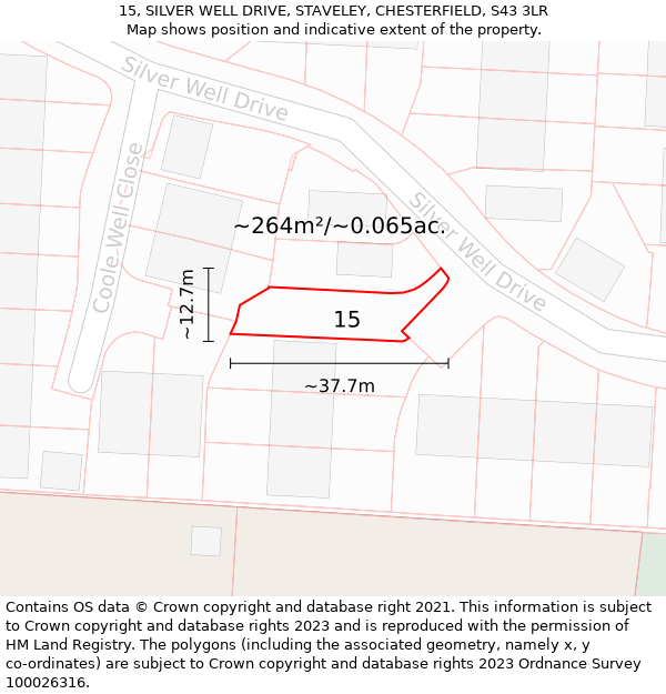 15, SILVER WELL DRIVE, STAVELEY, CHESTERFIELD, S43 3LR: Plot and title map