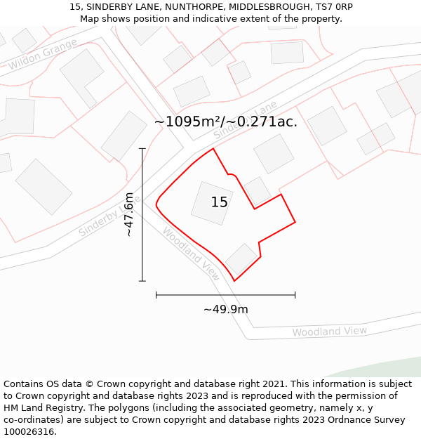 15, SINDERBY LANE, NUNTHORPE, MIDDLESBROUGH, TS7 0RP: Plot and title map