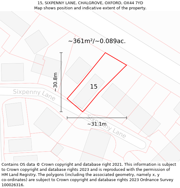 15, SIXPENNY LANE, CHALGROVE, OXFORD, OX44 7YD: Plot and title map