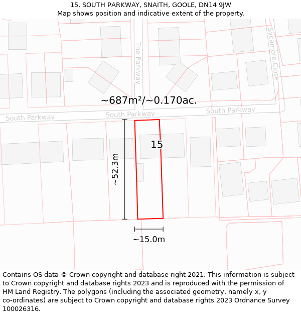 15, SOUTH PARKWAY, SNAITH, GOOLE, DN14 9JW: Plot and title map