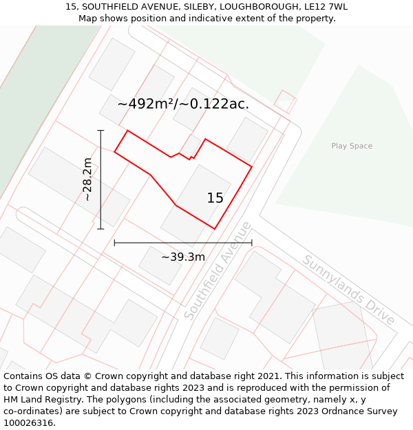 15, SOUTHFIELD AVENUE, SILEBY, LOUGHBOROUGH, LE12 7WL: Plot and title map