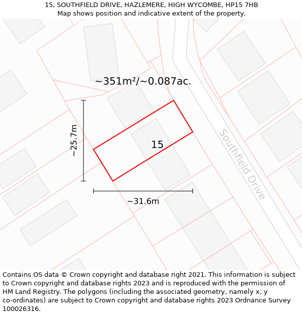 15, SOUTHFIELD DRIVE, HAZLEMERE, HIGH WYCOMBE, HP15 7HB: Plot and title map