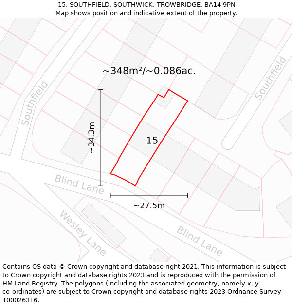 15, SOUTHFIELD, SOUTHWICK, TROWBRIDGE, BA14 9PN: Plot and title map