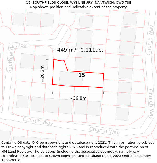 15, SOUTHFIELDS CLOSE, WYBUNBURY, NANTWICH, CW5 7SE: Plot and title map