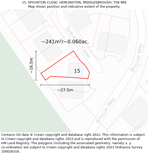 15, SPAUNTON CLOSE, HEMLINGTON, MIDDLESBROUGH, TS8 9RE: Plot and title map