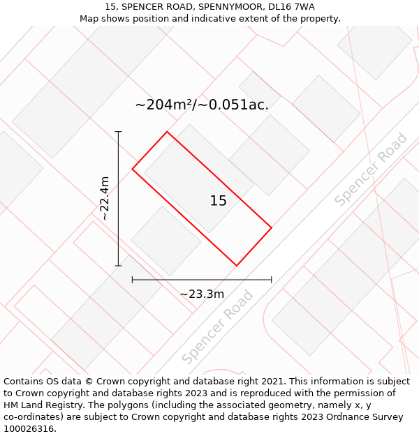 15, SPENCER ROAD, SPENNYMOOR, DL16 7WA: Plot and title map