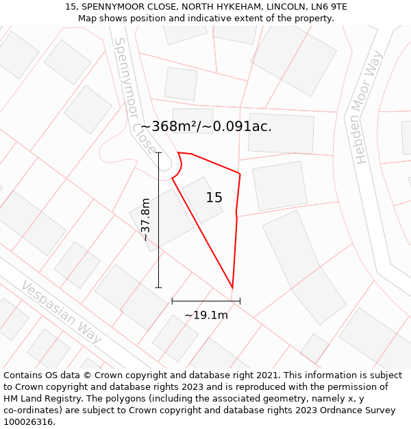 15, SPENNYMOOR CLOSE, NORTH HYKEHAM, LINCOLN, LN6 9TE: Plot and title map