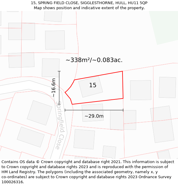 15, SPRING FIELD CLOSE, SIGGLESTHORNE, HULL, HU11 5QP: Plot and title map