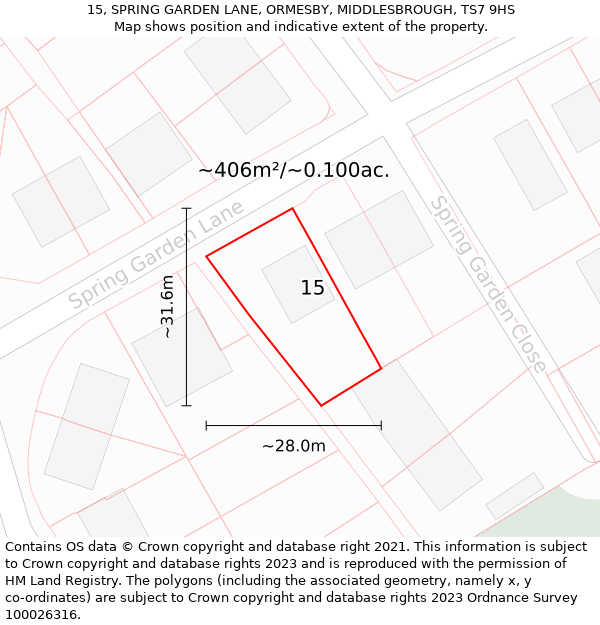 15, SPRING GARDEN LANE, ORMESBY, MIDDLESBROUGH, TS7 9HS: Plot and title map