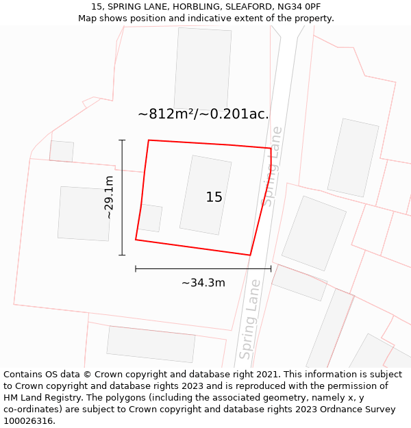 15, SPRING LANE, HORBLING, SLEAFORD, NG34 0PF: Plot and title map