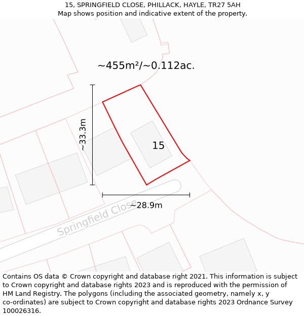 15, SPRINGFIELD CLOSE, PHILLACK, HAYLE, TR27 5AH: Plot and title map