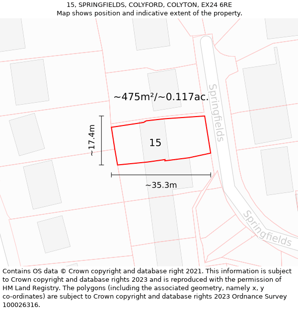 15, SPRINGFIELDS, COLYFORD, COLYTON, EX24 6RE: Plot and title map