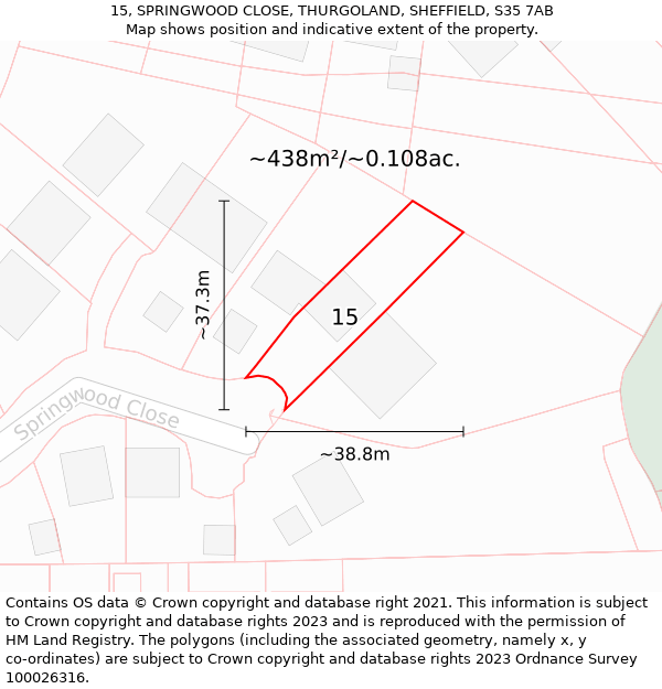 15, SPRINGWOOD CLOSE, THURGOLAND, SHEFFIELD, S35 7AB: Plot and title map