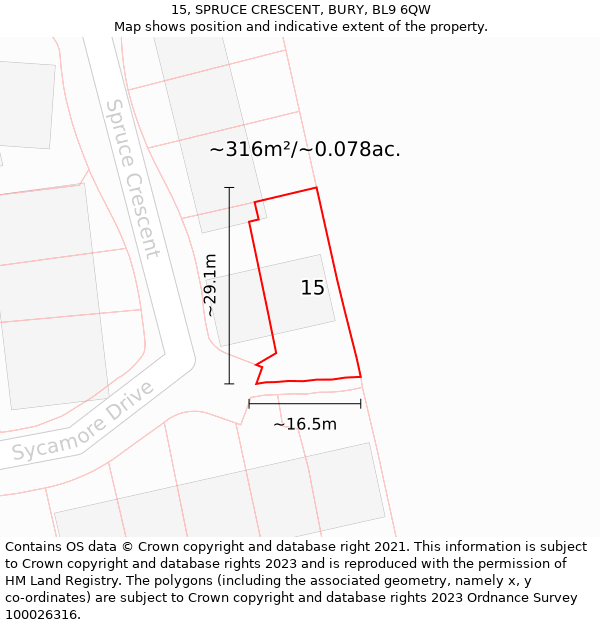 15, SPRUCE CRESCENT, BURY, BL9 6QW: Plot and title map