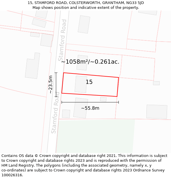 15, STAMFORD ROAD, COLSTERWORTH, GRANTHAM, NG33 5JD: Plot and title map