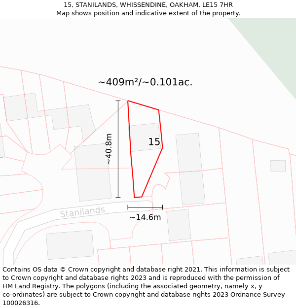 15, STANILANDS, WHISSENDINE, OAKHAM, LE15 7HR: Plot and title map