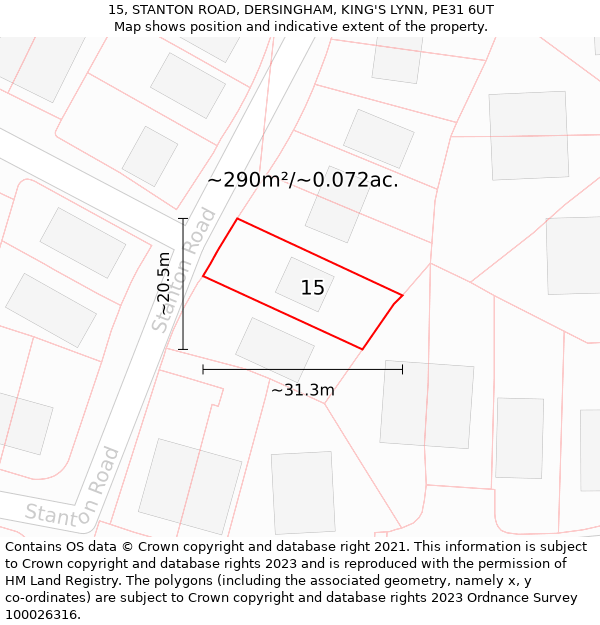 15, STANTON ROAD, DERSINGHAM, KING'S LYNN, PE31 6UT: Plot and title map