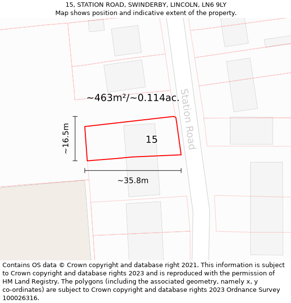 15, STATION ROAD, SWINDERBY, LINCOLN, LN6 9LY: Plot and title map