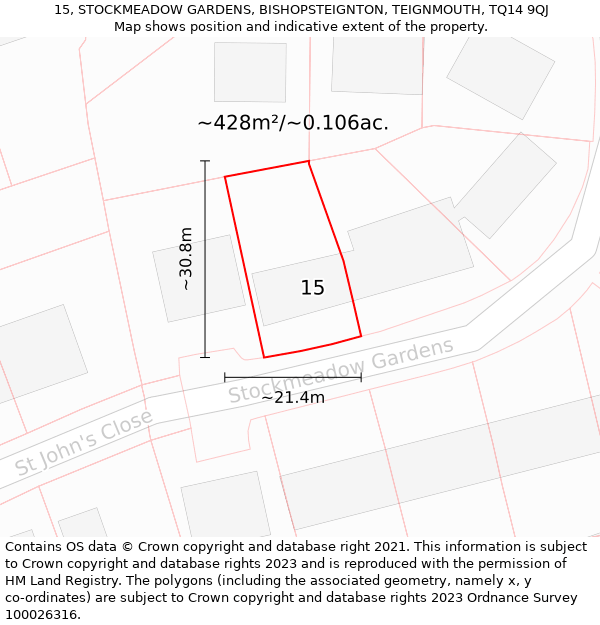 15, STOCKMEADOW GARDENS, BISHOPSTEIGNTON, TEIGNMOUTH, TQ14 9QJ: Plot and title map