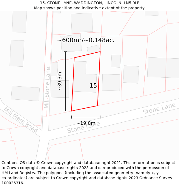 15, STONE LANE, WADDINGTON, LINCOLN, LN5 9LR: Plot and title map