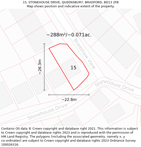 15, STONEHOUSE DRIVE, QUEENSBURY, BRADFORD, BD13 2FB: Plot and title map