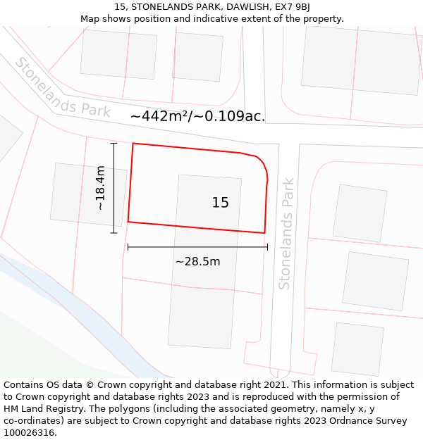 15, STONELANDS PARK, DAWLISH, EX7 9BJ: Plot and title map