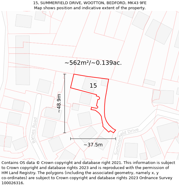 15, SUMMERFIELD DRIVE, WOOTTON, BEDFORD, MK43 9FE: Plot and title map