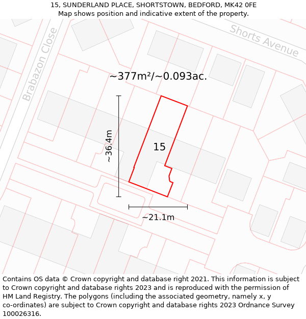 15, SUNDERLAND PLACE, SHORTSTOWN, BEDFORD, MK42 0FE: Plot and title map