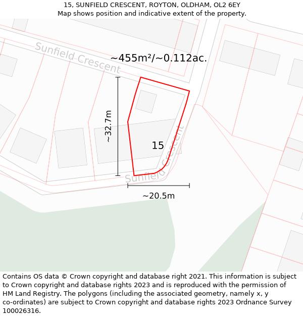 15, SUNFIELD CRESCENT, ROYTON, OLDHAM, OL2 6EY: Plot and title map