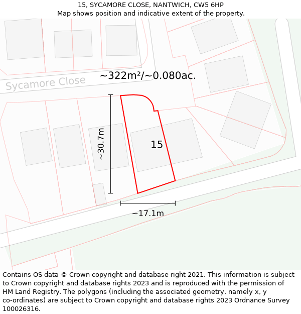 15, SYCAMORE CLOSE, NANTWICH, CW5 6HP: Plot and title map