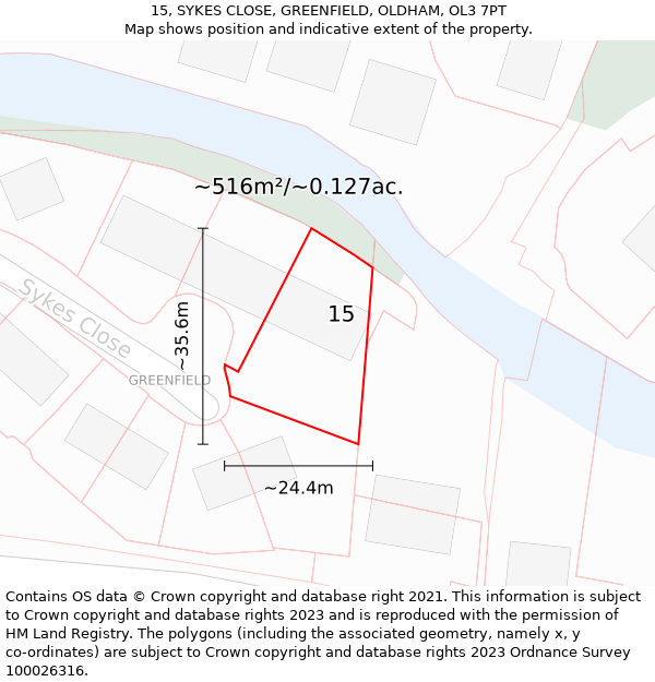 15, SYKES CLOSE, GREENFIELD, OLDHAM, OL3 7PT: Plot and title map