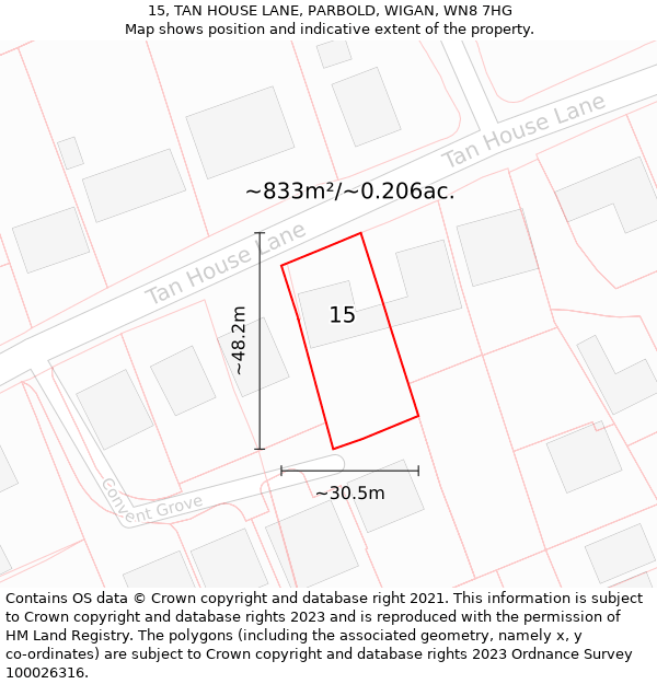 15, TAN HOUSE LANE, PARBOLD, WIGAN, WN8 7HG: Plot and title map