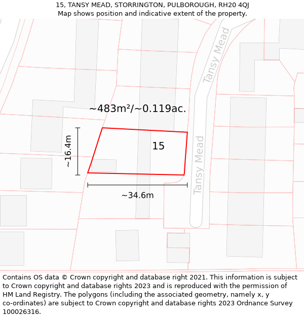 15, TANSY MEAD, STORRINGTON, PULBOROUGH, RH20 4QJ: Plot and title map