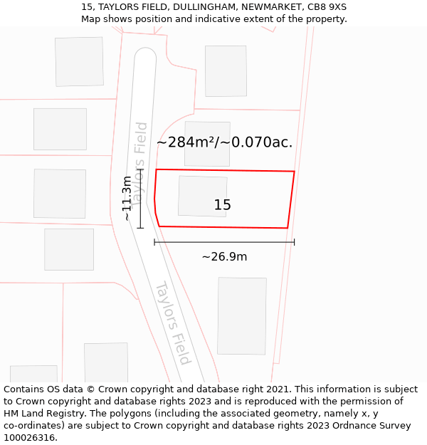 15, TAYLORS FIELD, DULLINGHAM, NEWMARKET, CB8 9XS: Plot and title map