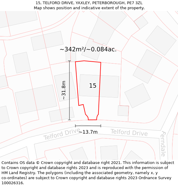 15, TELFORD DRIVE, YAXLEY, PETERBOROUGH, PE7 3ZL: Plot and title map