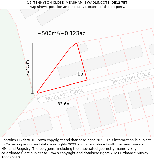 15, TENNYSON CLOSE, MEASHAM, SWADLINCOTE, DE12 7ET: Plot and title map