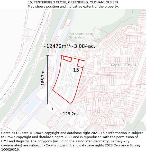 15, TENTERFIELD CLOSE, GREENFIELD, OLDHAM, OL3 7FP: Plot and title map