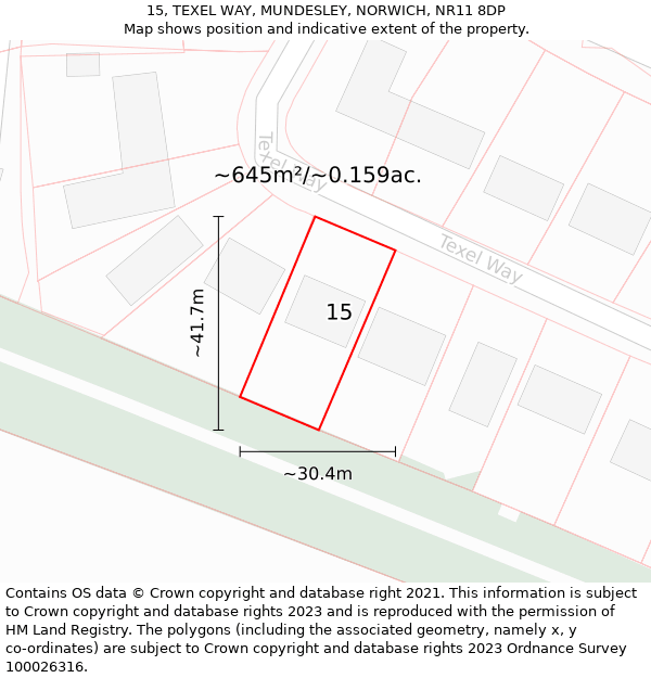 15, TEXEL WAY, MUNDESLEY, NORWICH, NR11 8DP: Plot and title map