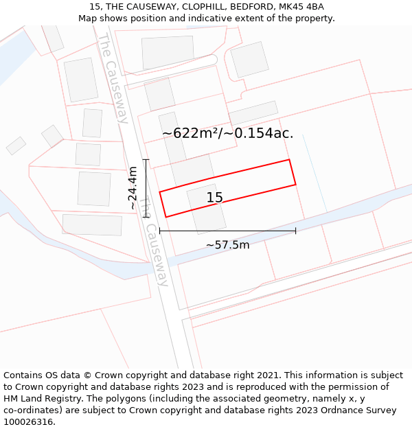 15, THE CAUSEWAY, CLOPHILL, BEDFORD, MK45 4BA: Plot and title map