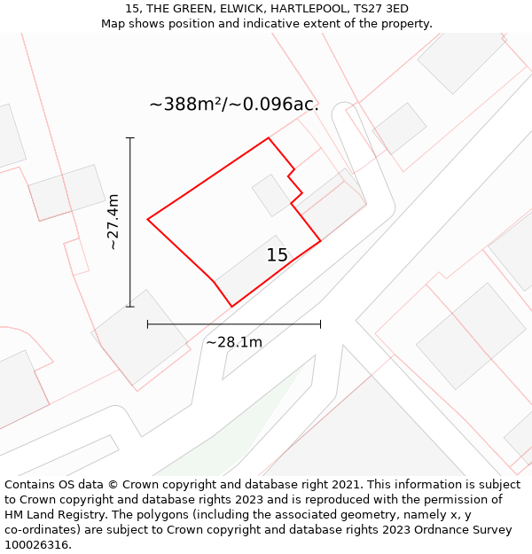 15, THE GREEN, ELWICK, HARTLEPOOL, TS27 3ED: Plot and title map